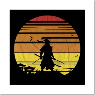 Retro vintage samurai in sunset Posters and Art